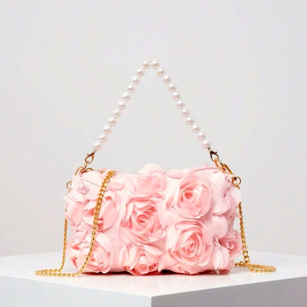 Rose flowe cross body bag with faux pearl and gold chain straps